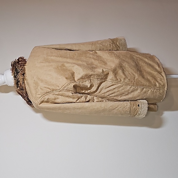 Morricci Coat Jacket Penny Lane Lined Faux Suede Faux Fur Collar Pockets Tan L - Picture 5 of 12